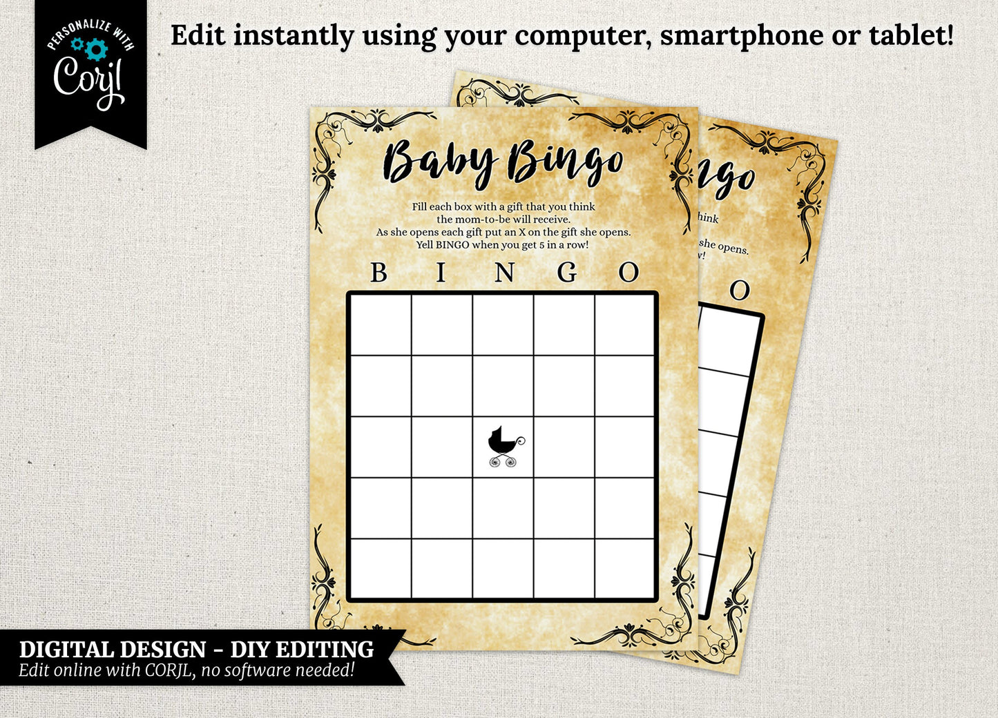 DIGITAL Vintage Baby Bingo Card - DESIGN ONLY - 5x7 - Edit Yourself Using Corjl
