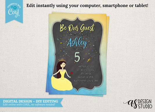 DIGITAL Watercolor Princess Invitation - DESIGN ONLY - 5x7 - Edit Yourself Using Corjl