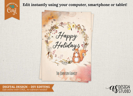 DIGITAL Autumn Squirrel Happy Holidays Card, 5x7 Adult Halloween Invitation, DIY Editing with Corjl