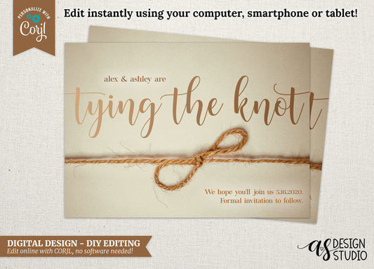 Tying The Knot Save The Date Card: Editable Wedding Invitation (Digital)