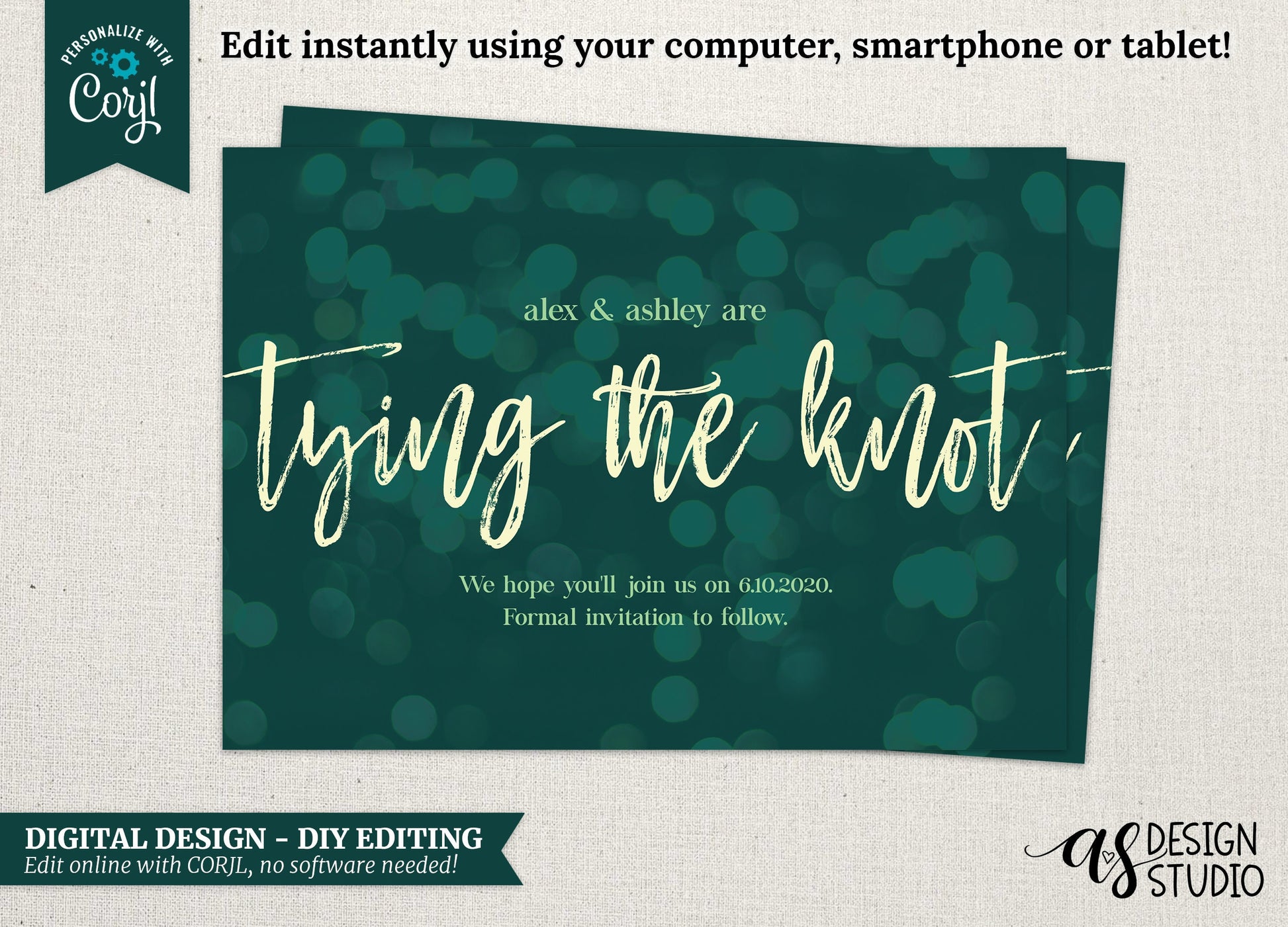 Bokeh Save the Date Card: Tying the Knot Design (Digital Download)