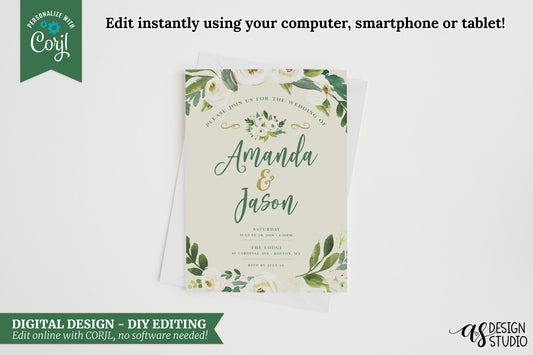 Floral Wedding Invitation Card Design - 5x7 - Personalize using Corjl