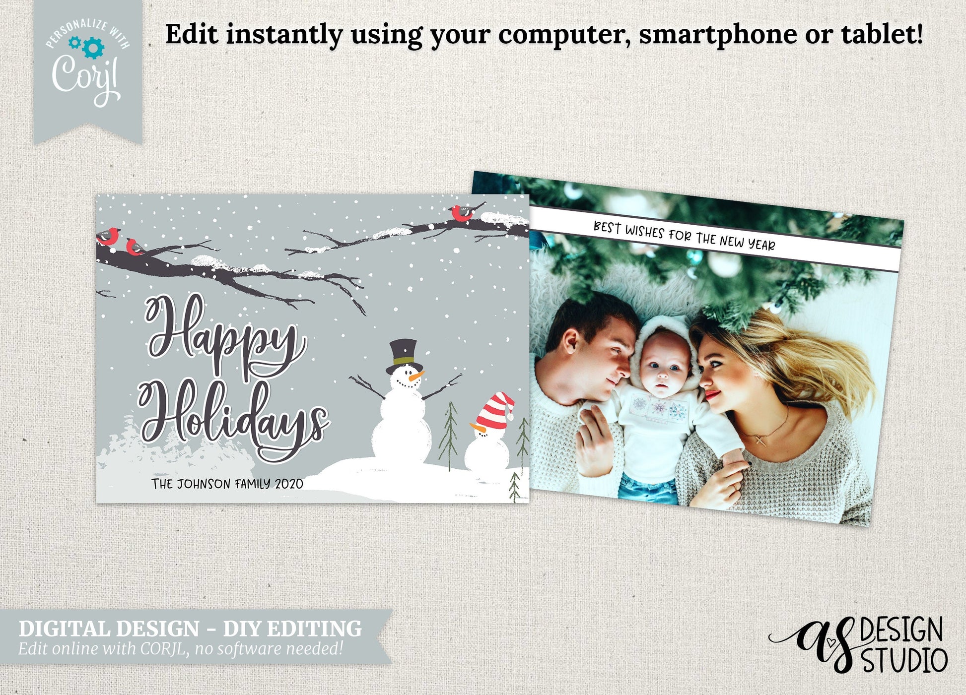 Custom Family Photo Christmas Card: 5x7 Holiday Greetings (Edit with Corjl)