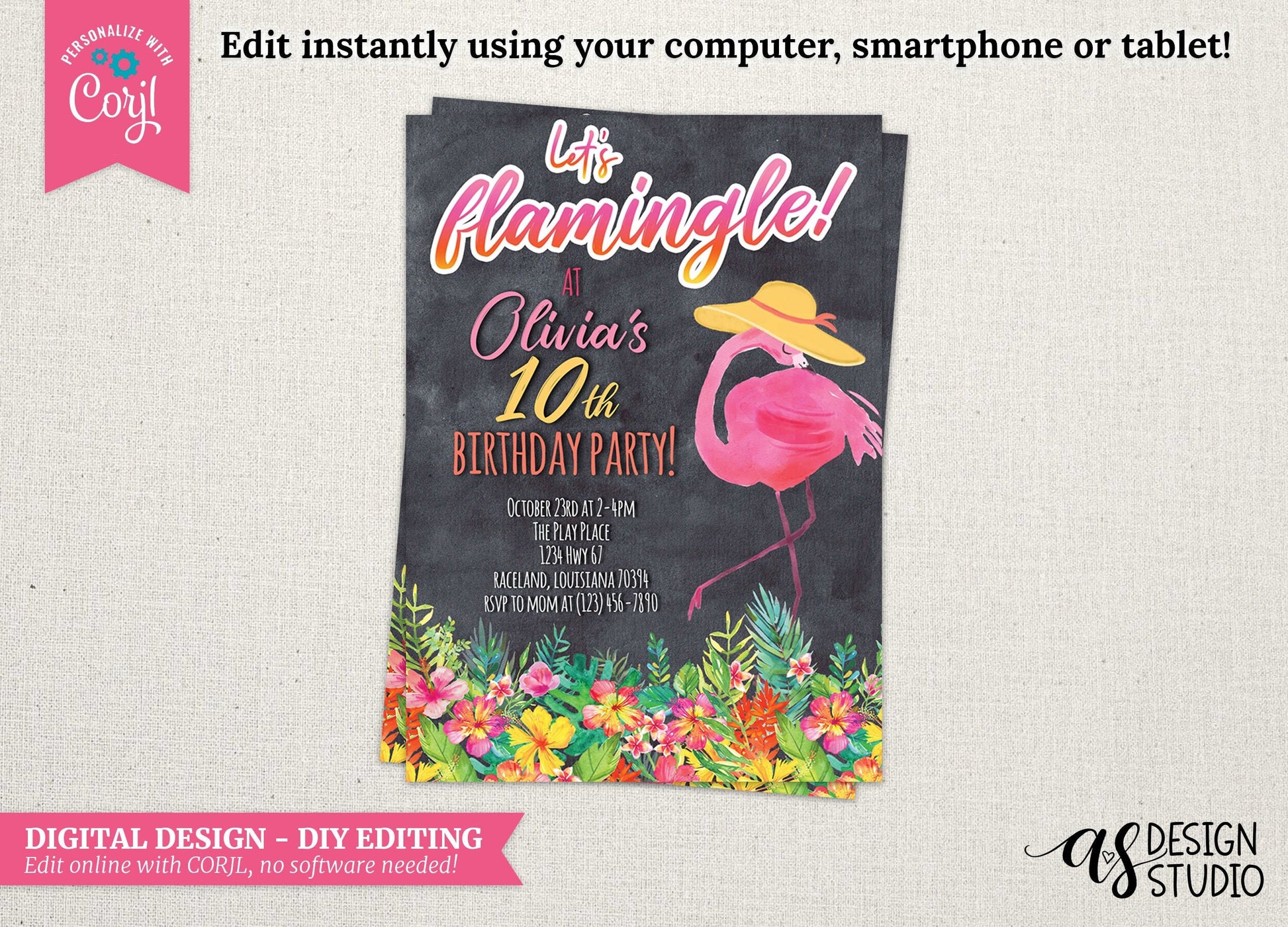DIGITAL Let's Flamingle Flamingo Birthday Party Invitation - DESIGN ONLY - 5x7 - Edit Yourself Using Corjl