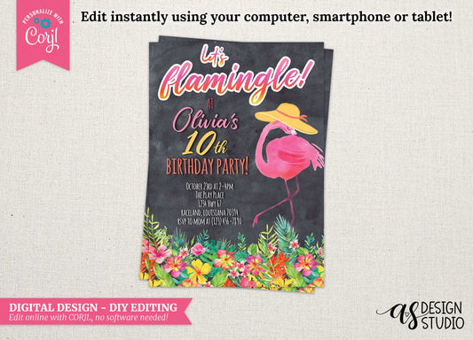 DIGITAL Let's Flamingle Flamingo Birthday Party Invitation - DESIGN ONLY - 5x7 - Edit Yourself Using Corjl