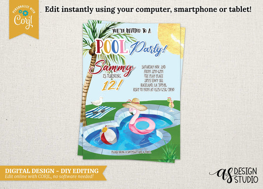 DIGITAL Pool Party Birthday Party Invitation - DESIGN ONLY - 5x7 - Edit Yourself Using Corjl