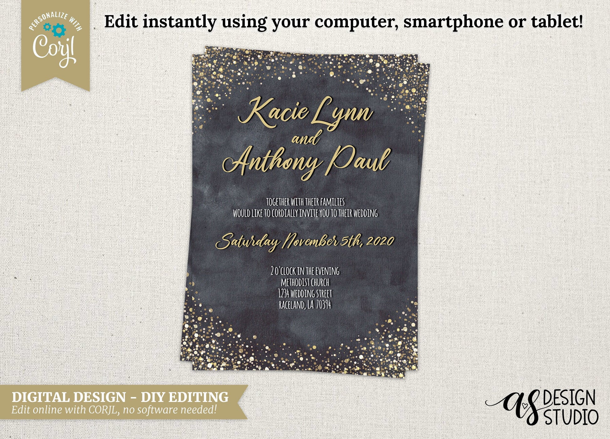 DIGITAL Gold Foil Chalkboard Wedding Invitation, 5x7, calligraphy, printable, digital, template, INSTANT Download