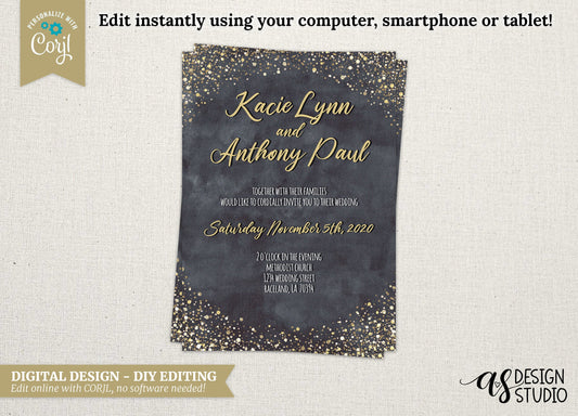 DIGITAL Gold Foil Chalkboard Wedding Invitation, 5x7, calligraphy, printable, digital, template, INSTANT Download