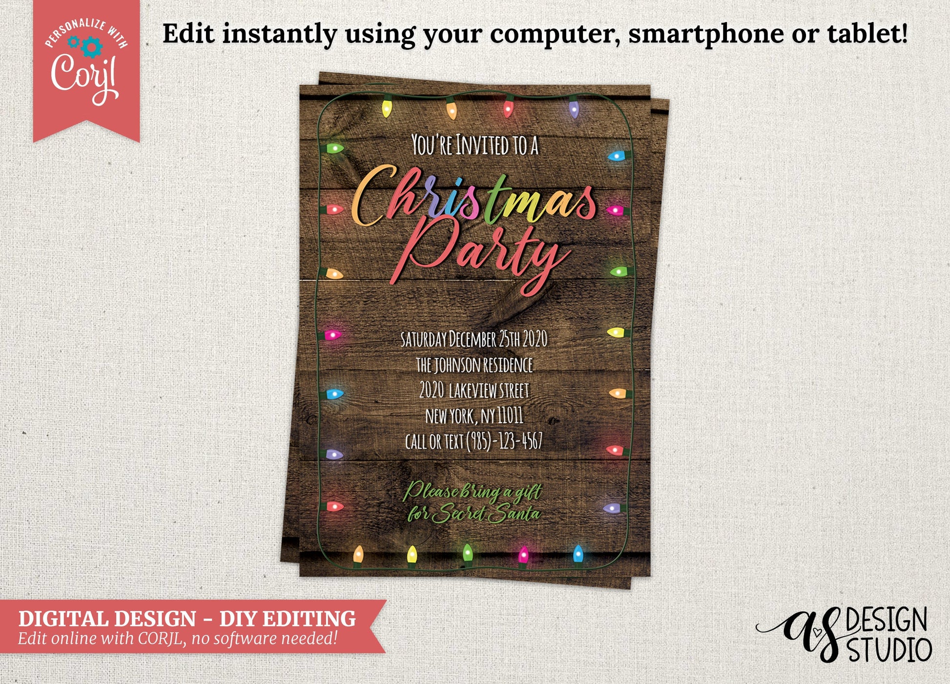 DIGITAL Rustic Christmas Lights Party Invitation, 5x7 Adult Halloween Invitation, DIY Editing with Corjl