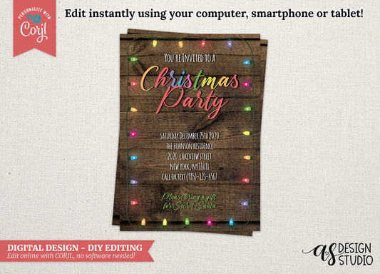 DIGITAL Rustic Christmas Lights Party Invitation, 5x7 Adult Halloween Invitation, DIY Editing with Corjl