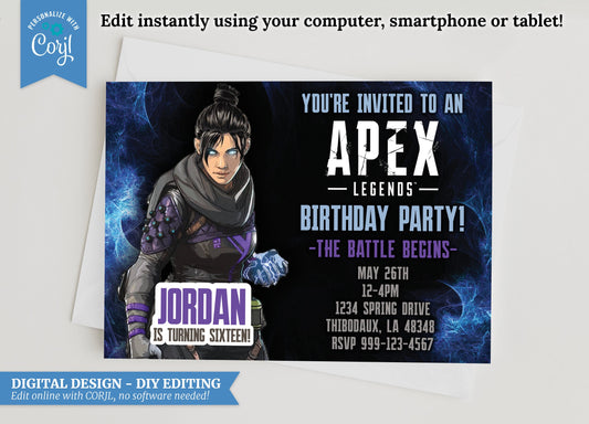 Wraith Apex Legends Birthday Invitation: Grunge Party Printable (5x7) (Digital)