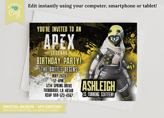 Apex Legends Wraith Birthday Invitation: Grunge Video Game Party (5x7) (Digital)