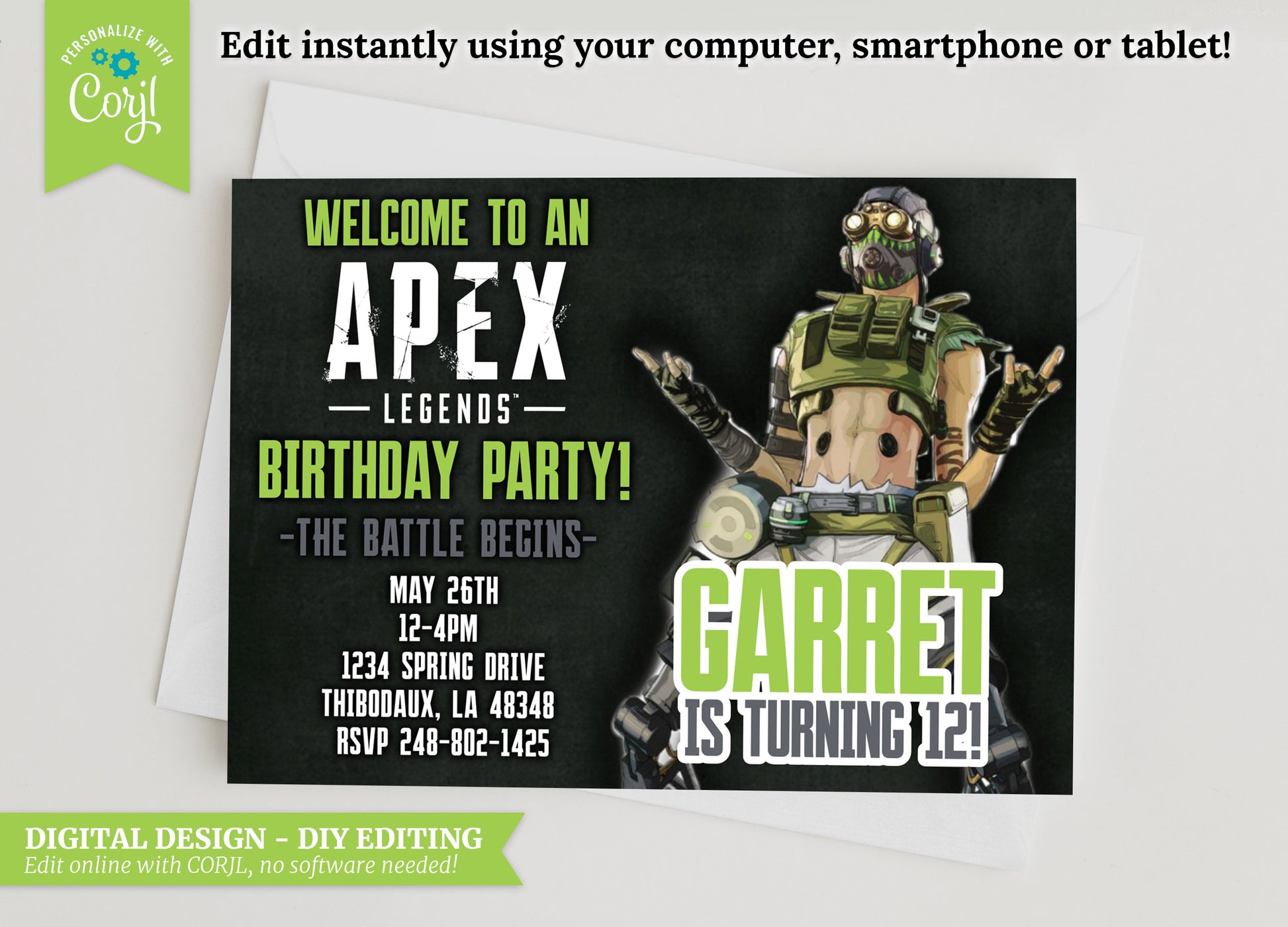 Apex Legends Octane Birthday Invitation: Grunge Video Game Party (Digital)