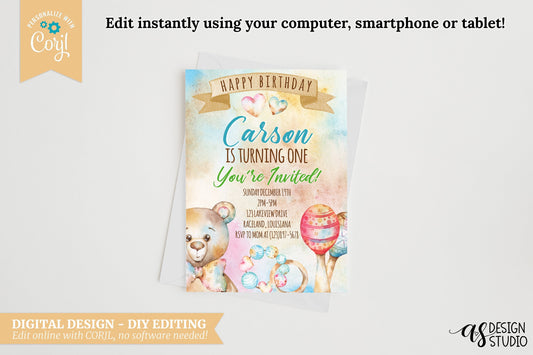 Baby Bear First Birthday Invitation: Watercolor Design (Digital Download)