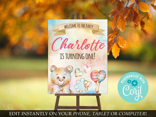 Baby Bear Watercolor Birthday Welcome Sign (Digital Download)