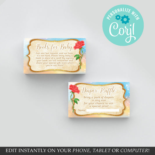 Watercolor Rose Baby Shower Inserts: Diaper Raffle & Books Card (EDITABLE TEMPLATE)