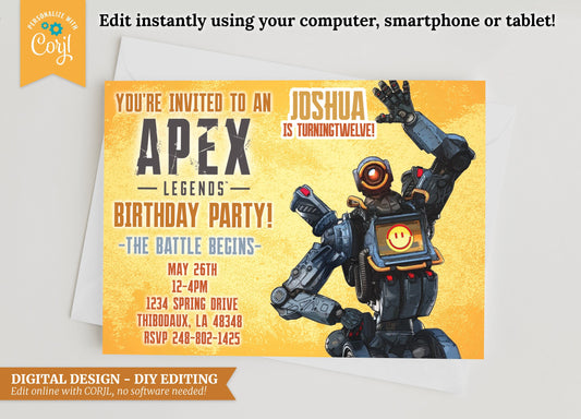 DIGITAL Pathfinder Birthday Invitation, video gamers, battle royale party, personalize yourself using corjl, 5x7