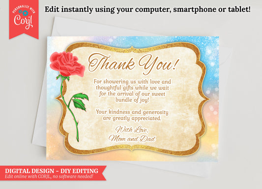 DIGITAL Elegant Watercolor Thank You Card, personalize yourself using corjl, 5x7