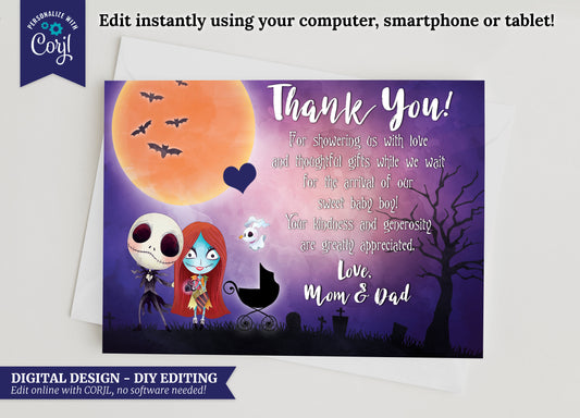 Nightmare Baby Shower Thank You Card: Spooky Gender Neutral (EDITABLE TEMPLATE)