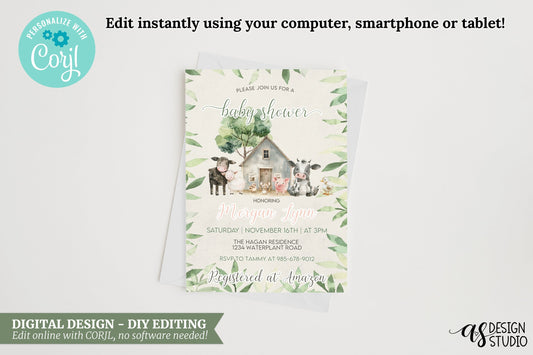 Farm Animals Baby Shower Invitation: Rustic Greenery, Editable Template (Digital)
