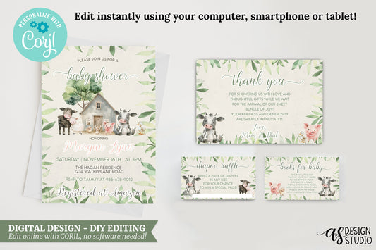 Farm Animals Baby Shower Invitation Bundle: Editable Template (Digital Download)