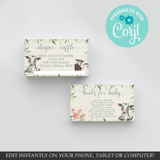 Farm Animals Baby Shower Diaper Raffle & Books Card (Editable Template)
