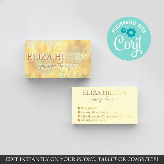 Sunflower Business Card Design | Double-Sided | Goil Foil | Editable Corjl Template | 3.5x2
