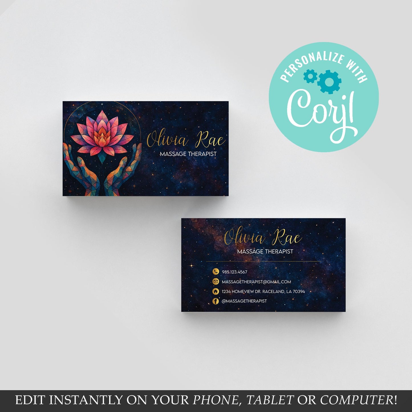 Wellness Business Card Design | Galaxy Therapeutic | Double-Sided | Editable Corjl Template | 3.5 x 2