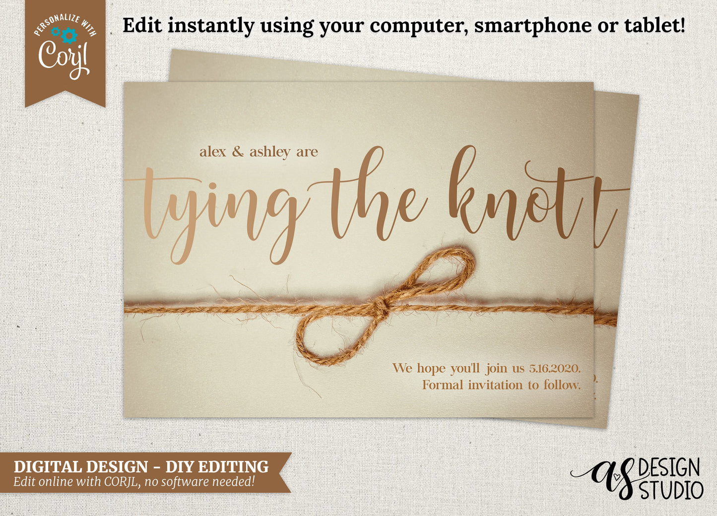 Tying The Knot Save The Date Card: Editable Wedding Invitation (Digital)