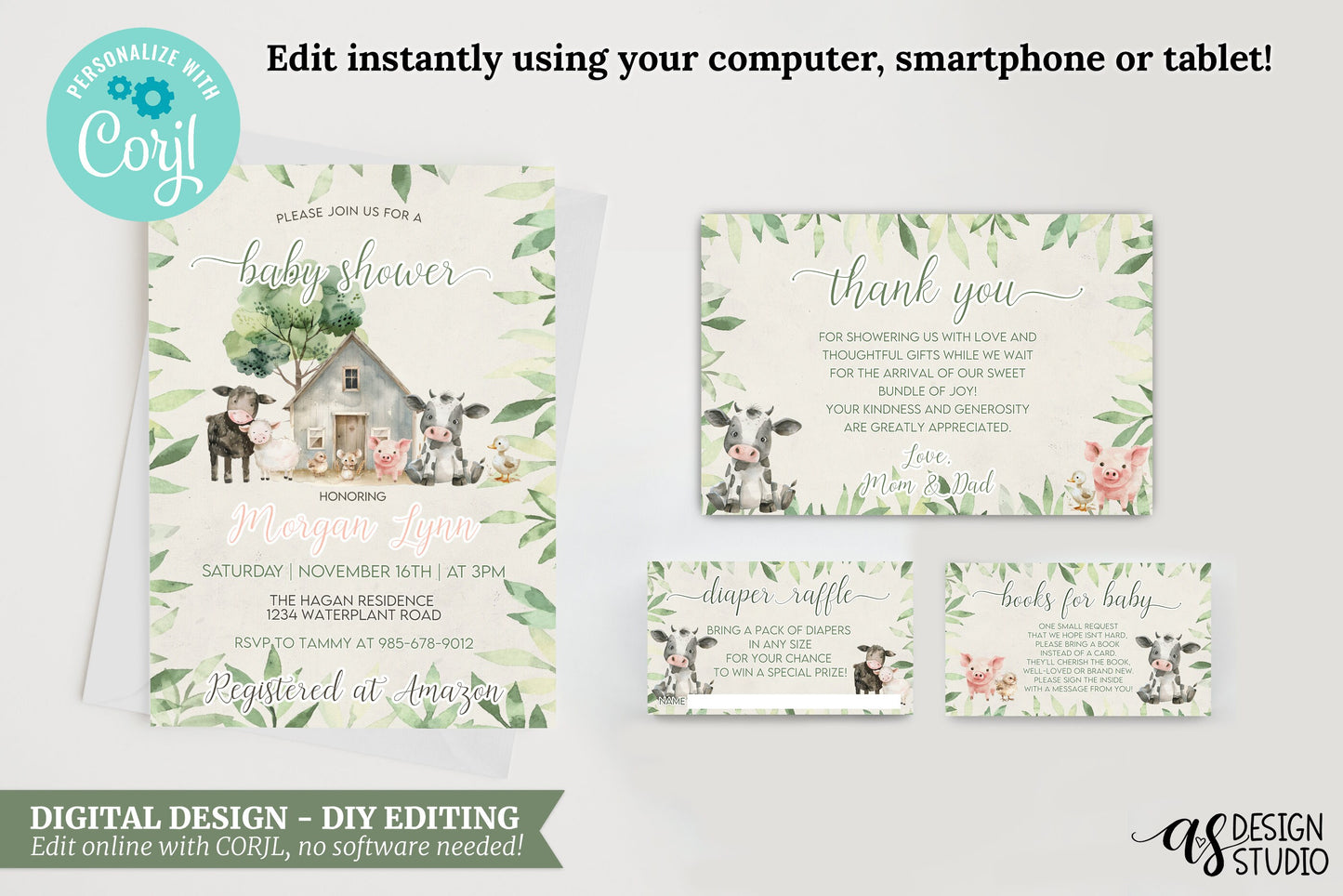 Farm Animals Baby Shower Invitation Bundle: Editable Template (Digital Download)